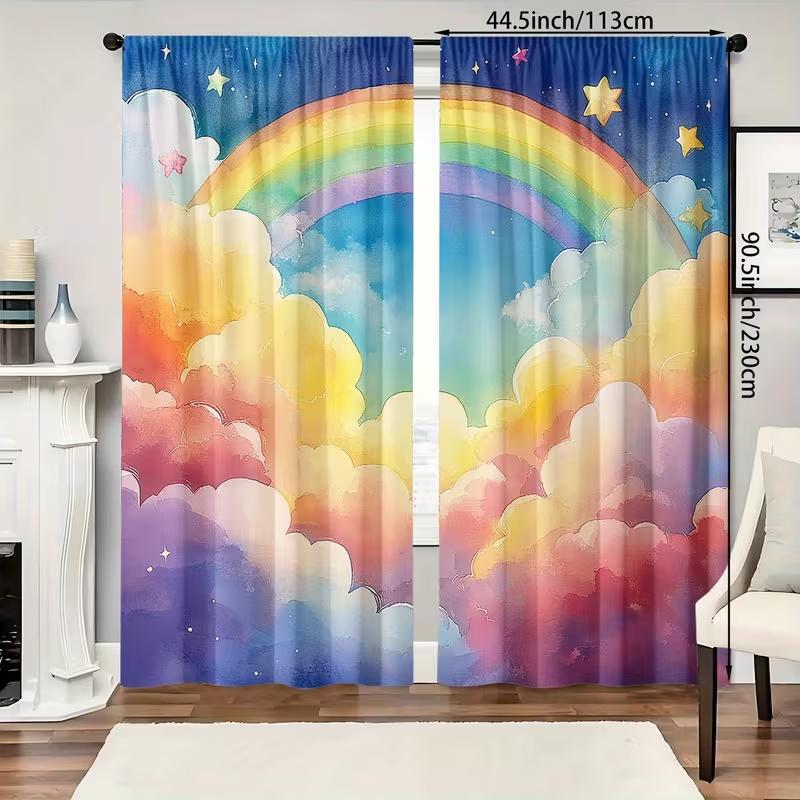 2Pcs Colorful clouds rainbow print curtains,suitable for bedroom,living room kitchen decoration,home decoration,window decor