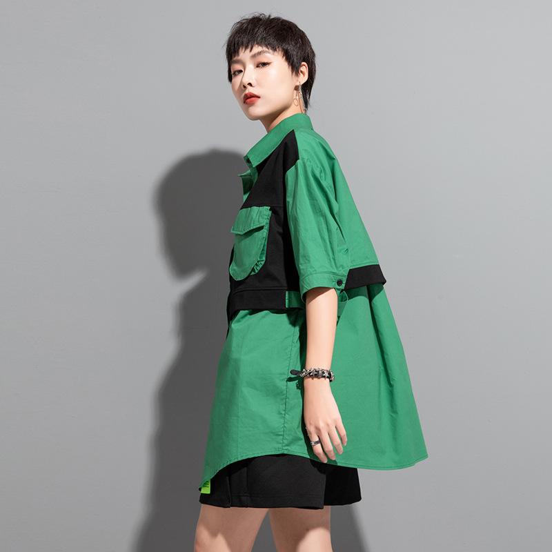 Plus Size Blouse New Summer Style Casual Shirt Women Patchwork Female Loose Shirt Green