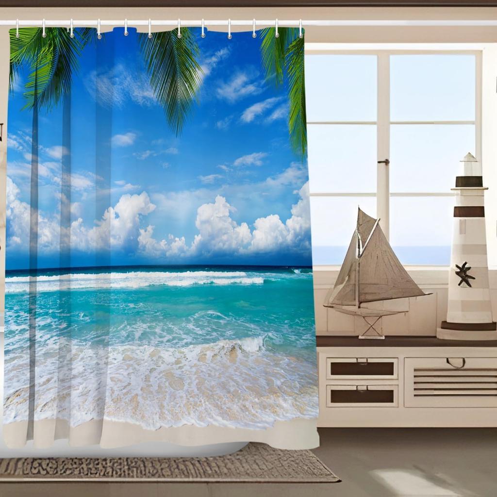 Sommer Blauer Himmel Tropischer Ozean Strand Duschvorhang, Wasserdichter Polyester Badezimmer Dekor Vorhang 72x72 Zoll Mit 12 Haken