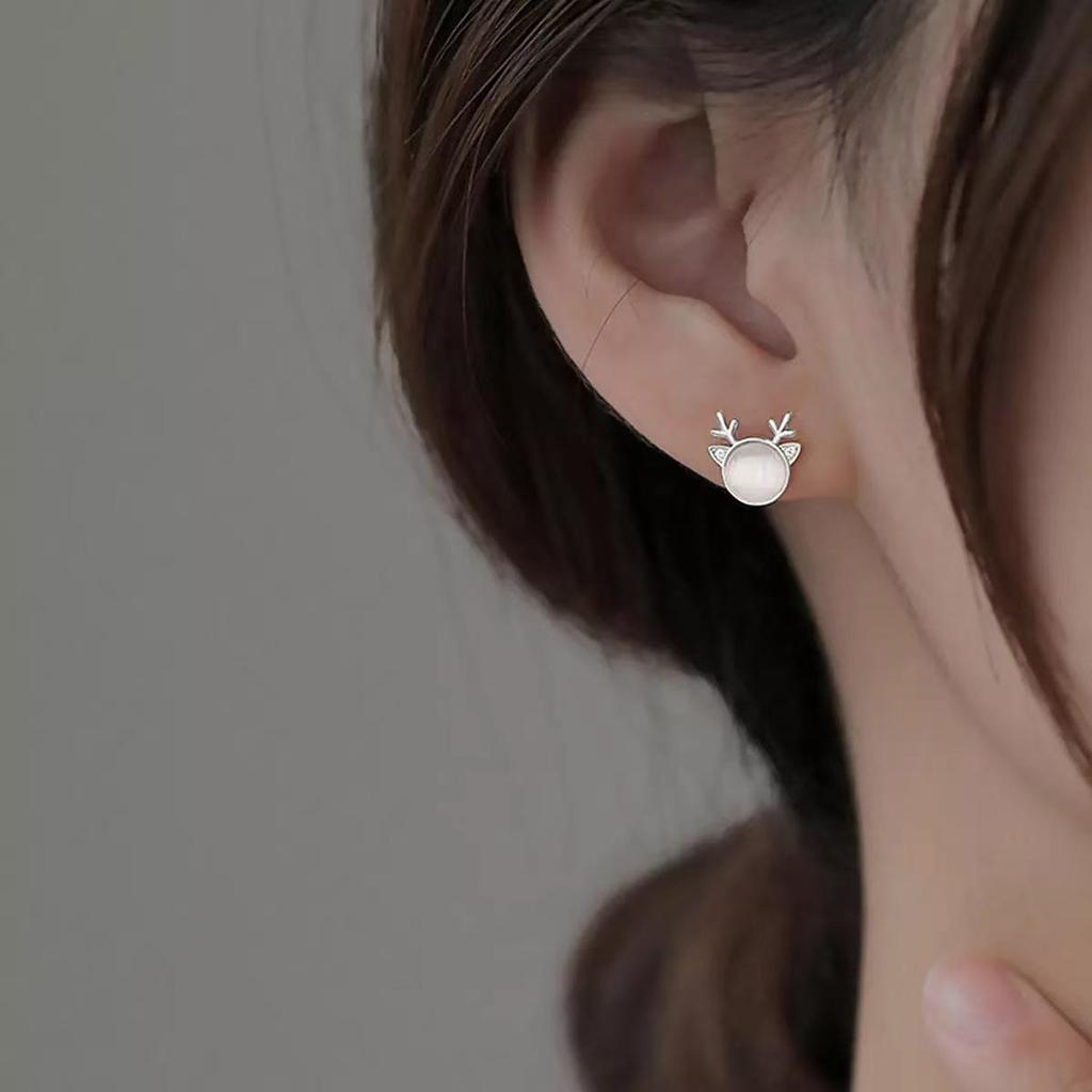 Pure Silver Korean Minimalist Antler Stud Earrings - Sweet Moonlight Reindeer Christmas Design