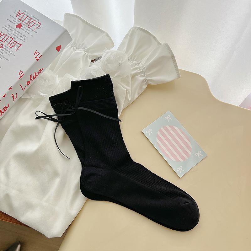 Female Spring and Summer Thin Heel Bow Ballet Style Solid Color Boneless Tube Stack Socks