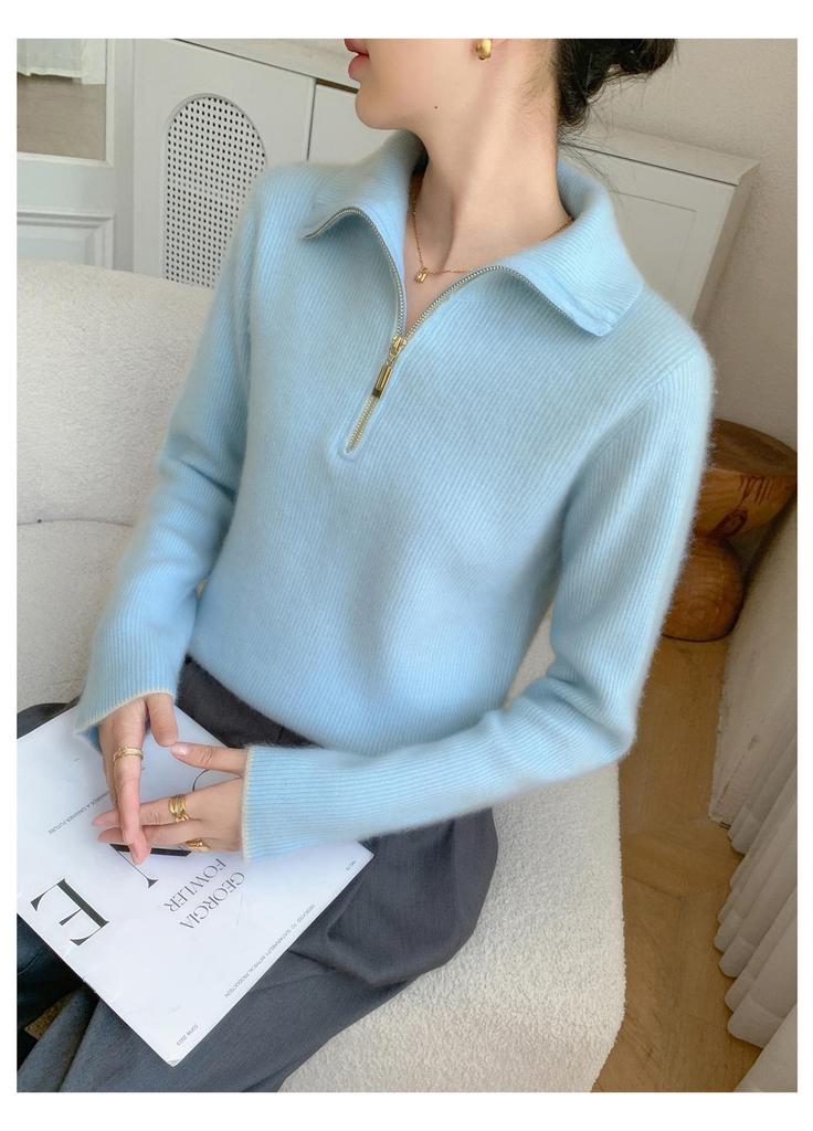 2025 A/W Women's Ribbed Cashmere Half-Zip Stand Collar Sweater