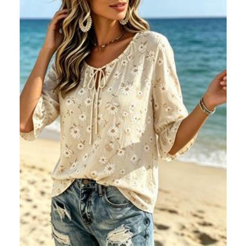 Women's Ditsy Daisy Floral Print Tie Neck Blouse, Ruffle Half Sleeve Light Casual Top for Sweet
