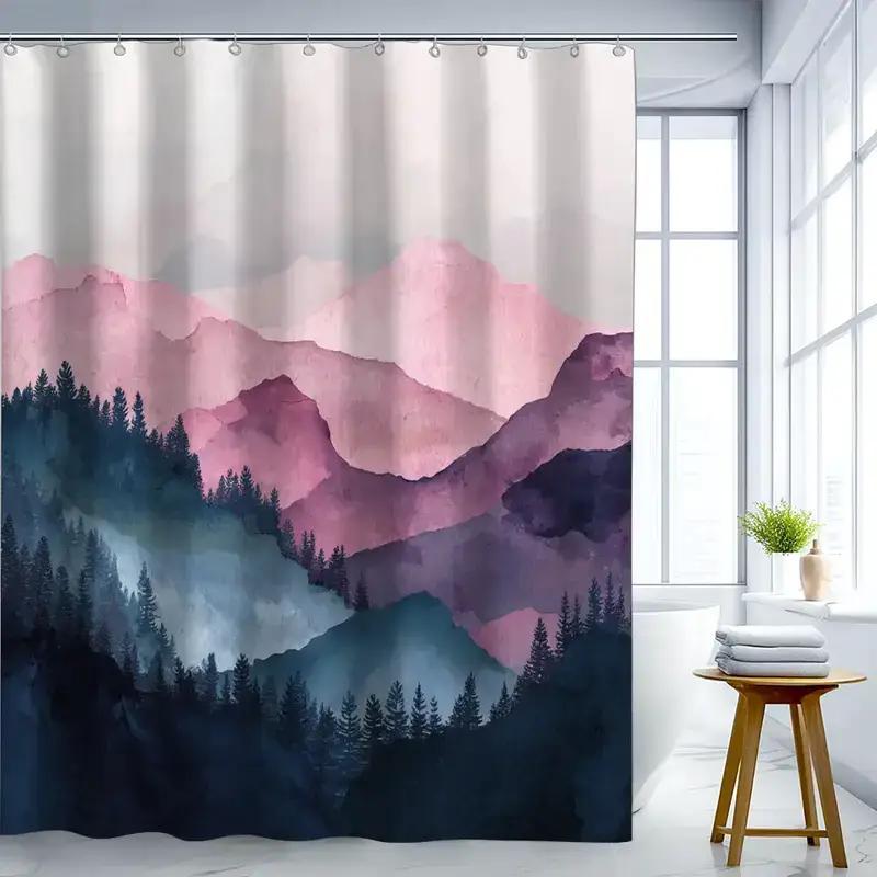 1Pc Landscape Painting Bathroom Shower Curtain, Dreamy Forest Theme Valentine'S Day Decor With 12 Hooks, 70.87X70.87Inch Home D
