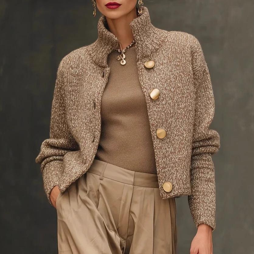Modische High-Neck-Knopf-Strickjacke Jacke Damen Herbst Winter Langarm Pullover Mäntel Lässig