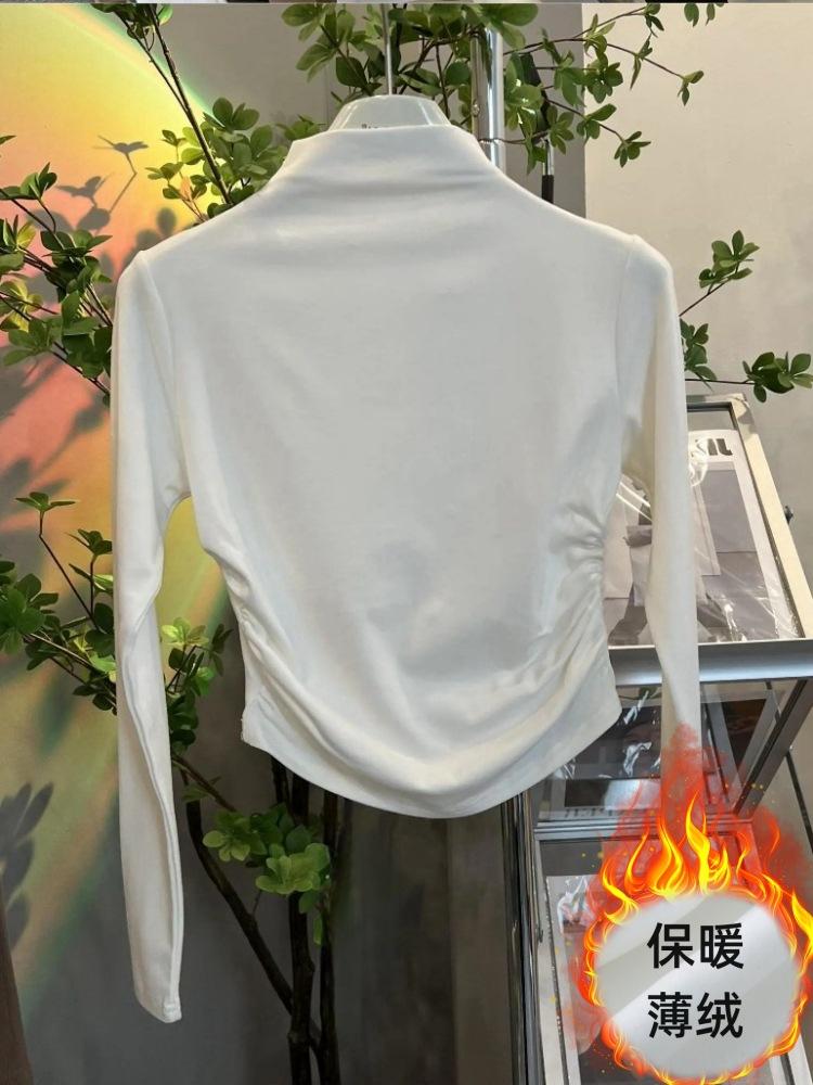 

Женская футболка с неровным низом и плиссировкой, двухсторонняя, с начесом, с полувысоким воротом и длинными рукавами, весенний топ XL белый