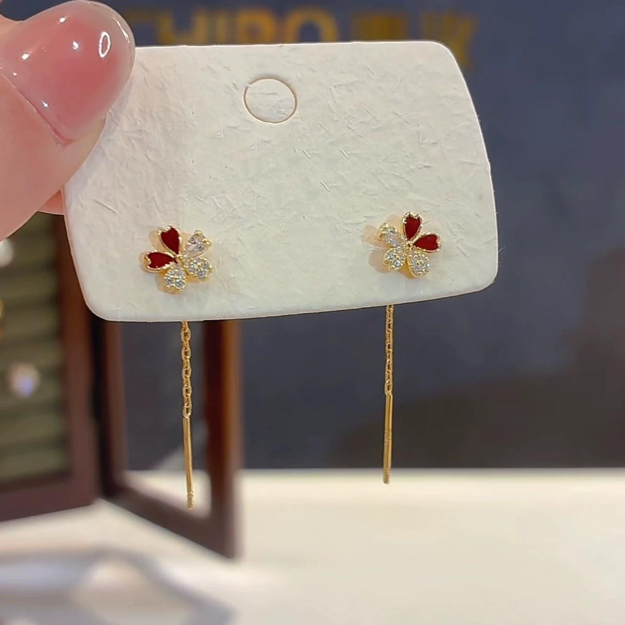 Exquisite Red Flower Zircon Earrings - Luxurious Design for New Year