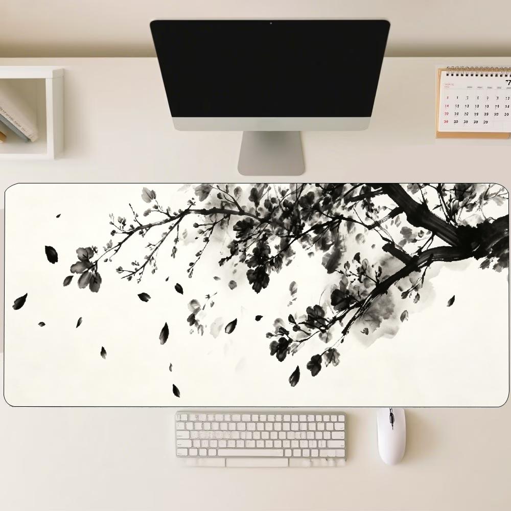 Ink Wash Plum Blossom Large Mouse Pad Non Slip Rubber Desk Mat Stitched Edge For Computer Laptop Home Office Gaming Workspace