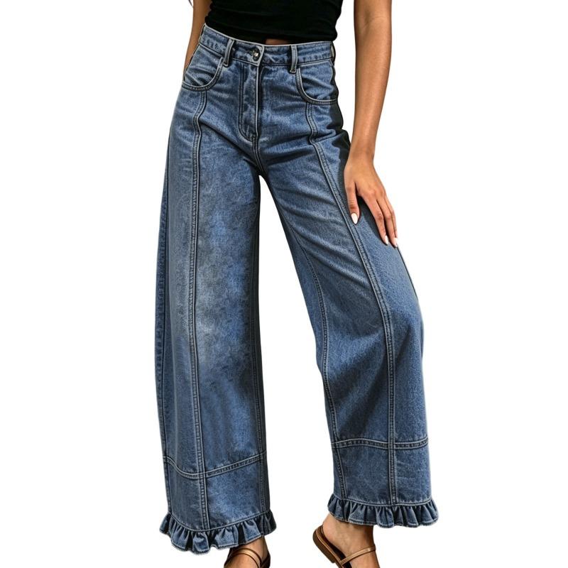 Jeans da donna a gamba dritta e larghi, design alla moda con bordo a fungo