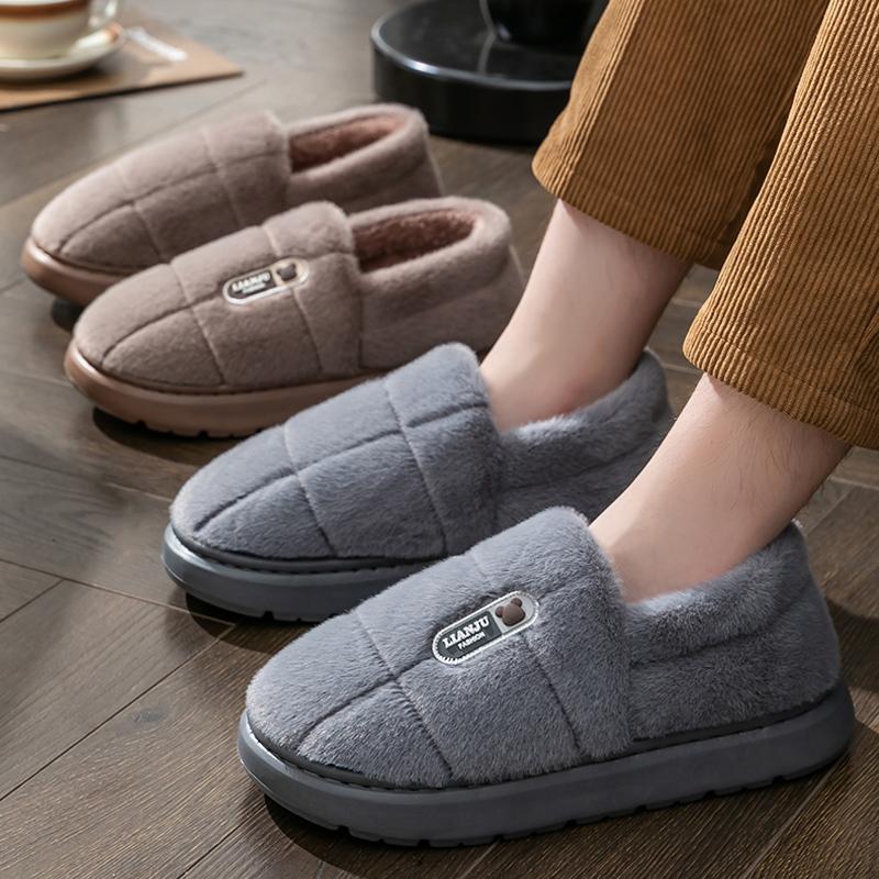 Men's Slippers Winter Solid Color Wrap Heels Plush Slippers Non-slip Warm Women Men Home Casual Cotton Shoes Big Size 50 51
