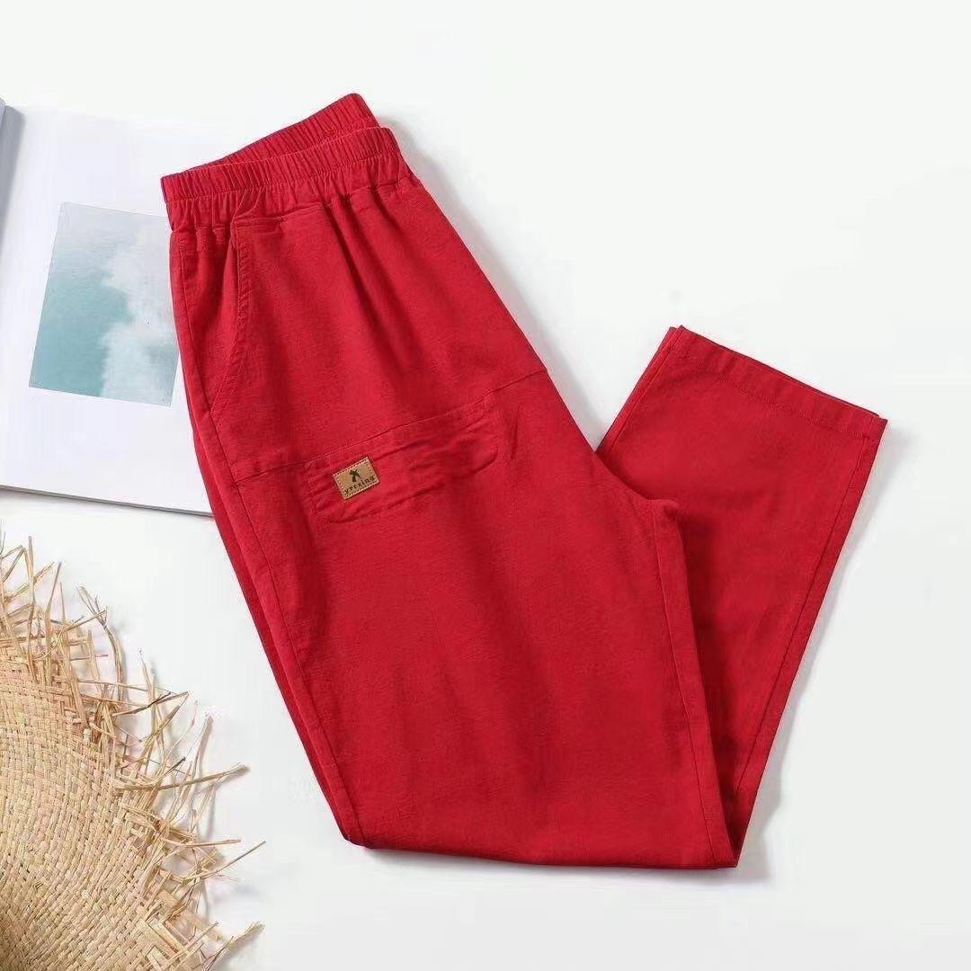 

Тонкие свободные эластичные брюки большого размера с высокой талией для среднего и пожилого возраста, однотонные эластичные женские брюки из хлопка и льна с девятью точками XXXXL красный