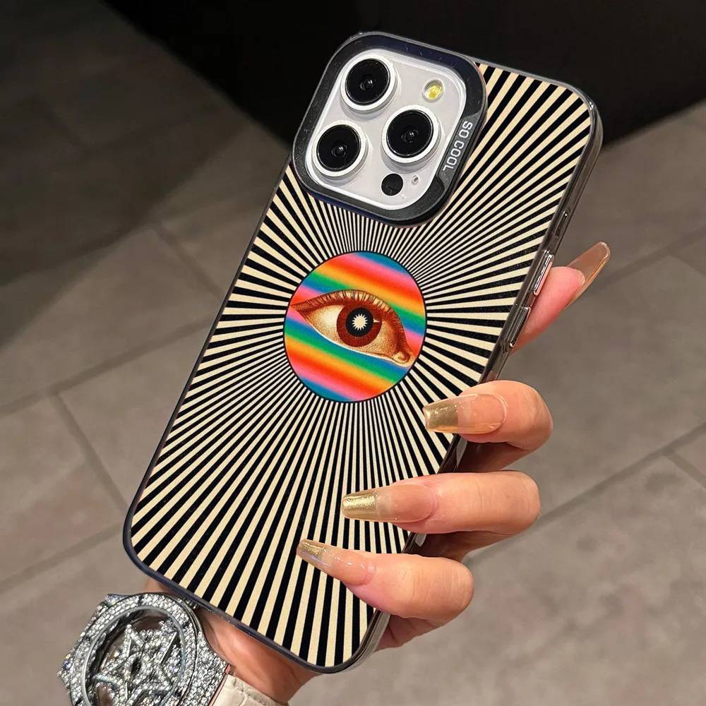 Big Eyes Trendy Print Lines Phone Case For iPhone 17,16,15,14,13,12,11 Plus,Pro Max,XS,Colored Silver Plated Inside Cover