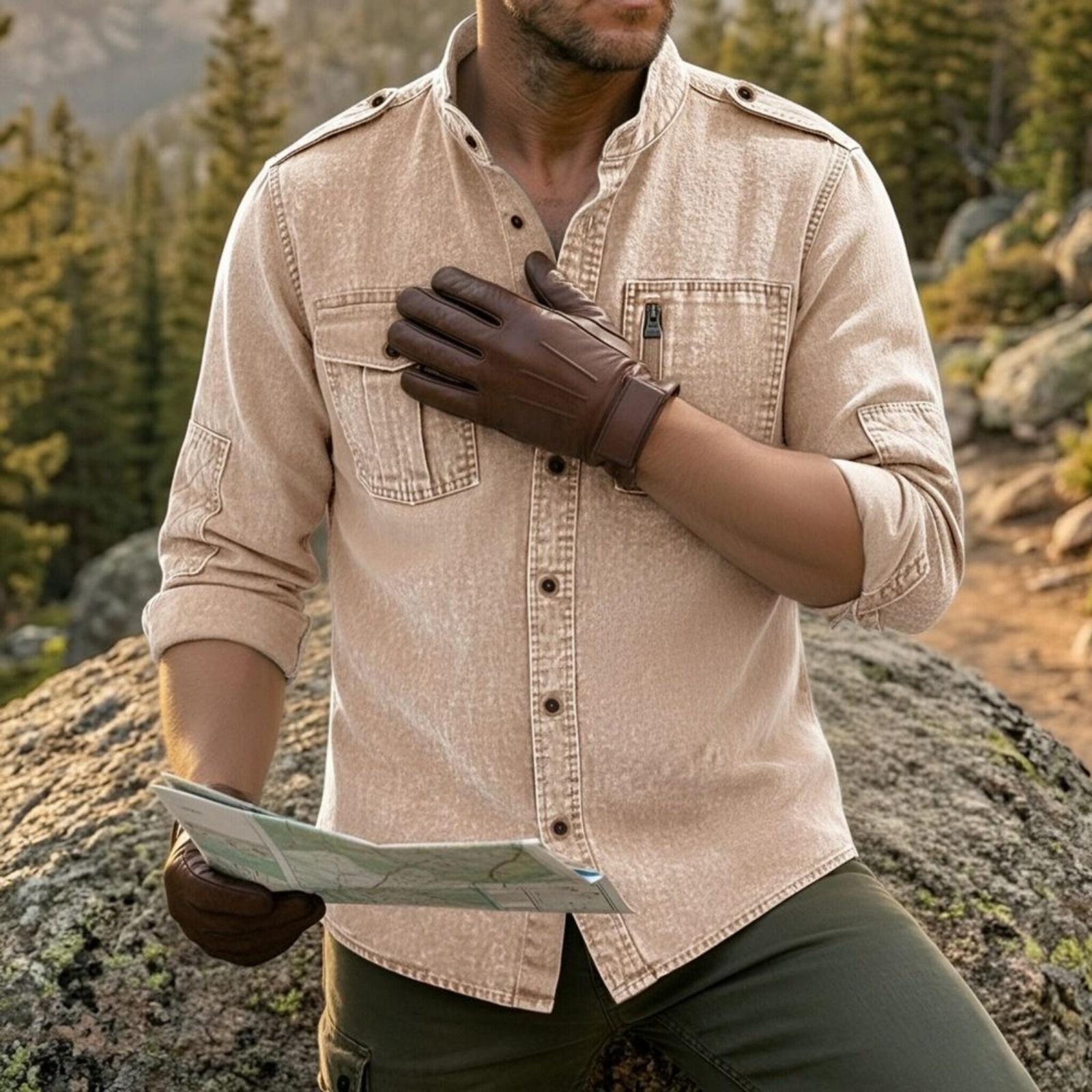 Men s casual stylish short-sleeved button-down shirt - Men s breathable cotton-like linen retro work shirt M хаки