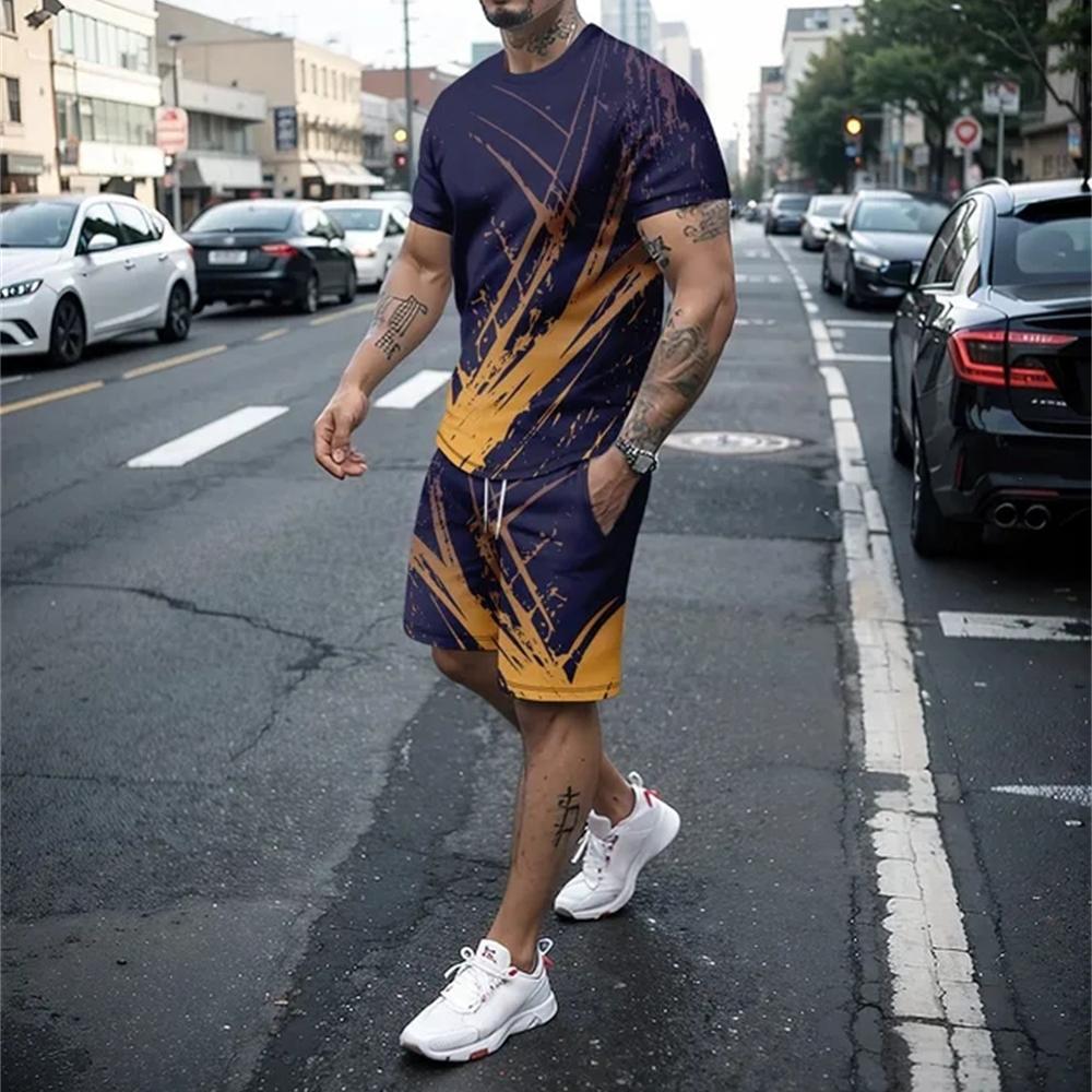 Summer men's casual 3D knife printed T-shirt set fashionable  creative O-neck T-shirt+shorts outdoor trendy sportswear