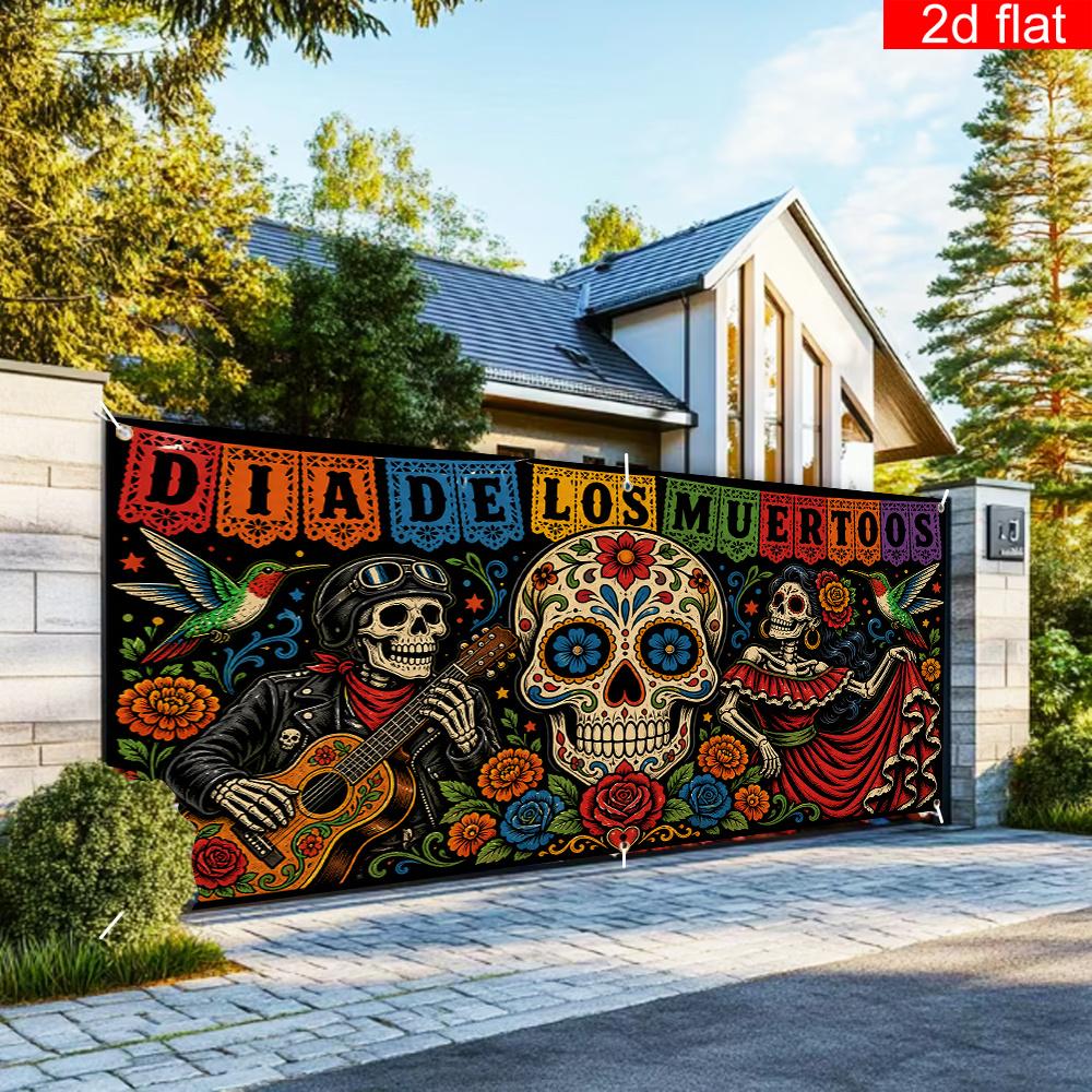 2D Flat Banner 1 Piece Halloween-themed Garage Door Cover Party Banner Polyester Day of the Deadzyc