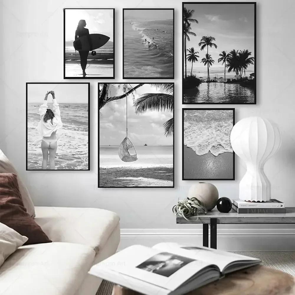 Black White Poster Ocean Sea Wave Nature Landscape Aesthetic Canvas Painting Posters and Prints For Living Room Decoration