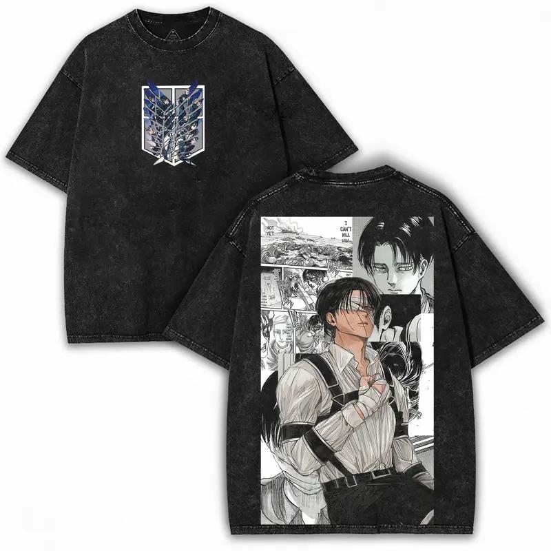 Атака Титанов Аниме Леви Аккерман Графическая футболка Винтажная стирка Оверсайз футболка Мужская Женская Одежда Хлопок Футболки с коротким рукавом S чёрный