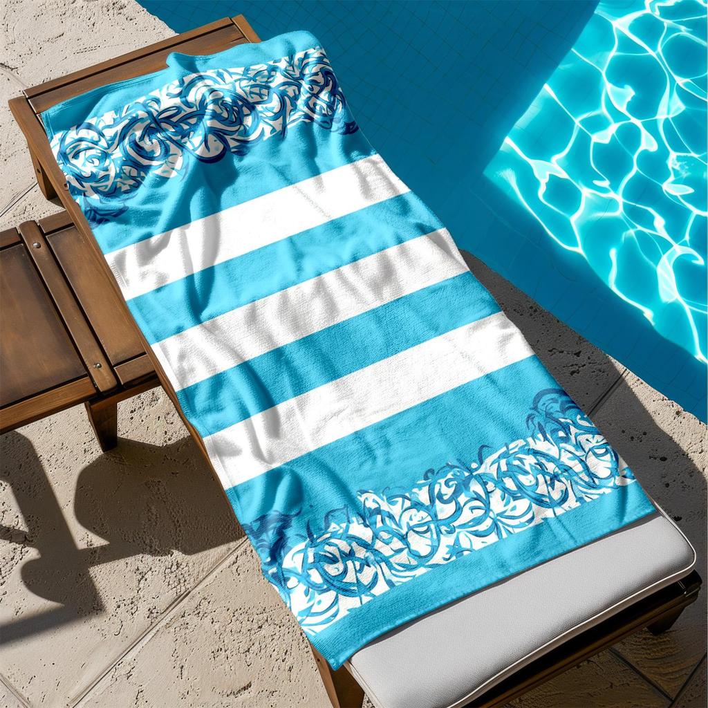 1pc Blue Striped Pattern with Abstract Floral Design 2D Printed Microfiber Beach Towel, quick dry super absorbent. Great for
