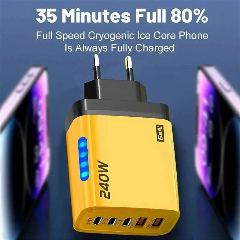 GaN Fast Charger 240W 5 Ports PD Quick Charge 3.0 2USB 3Type C For iPhone 15 16 17 Samsung Xiaomi Huawei Tablet EU US UK Plug