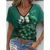 Summer V-neck 3D Flower Themed Pattern Printed Top Fashionable Casual Short Sleeved Women's T-shirts