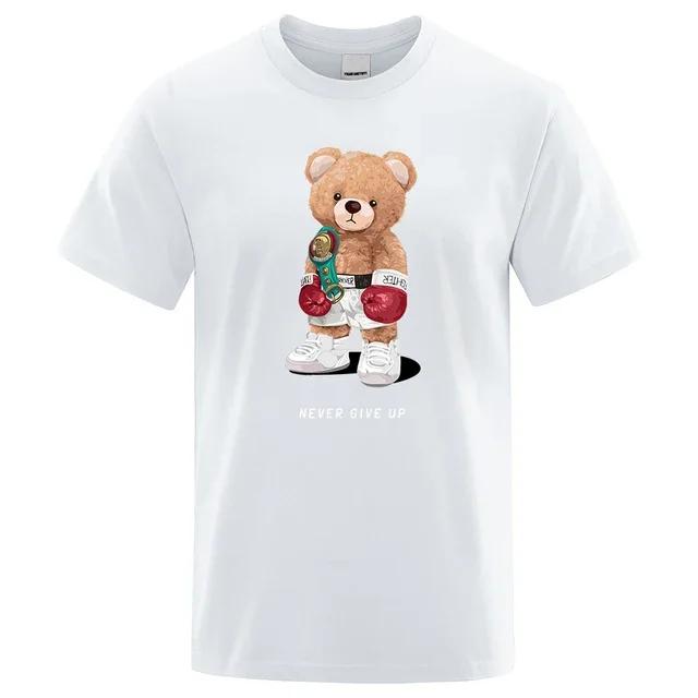strong Boxer Teddy Bear Never Give Up Print Funny T-Shirt Men Cotton Casual Short Sleeves Loose Oversize S-XXXL Tee Clothing