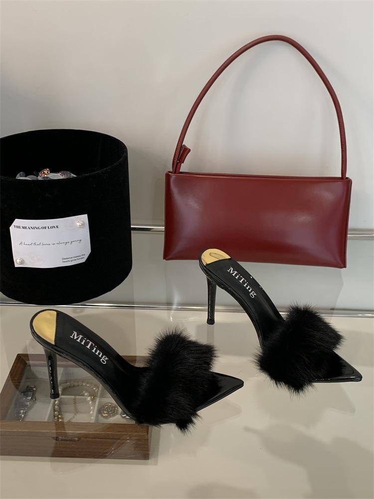 Mi Ting Mao Mao Talons Hauts Sandales Cool Mode Femme Vêtements d'Extérieur Nouveaux Polyvalents Bout Pointu Talon Fin Baotou Muller Demi-Sandales Femme