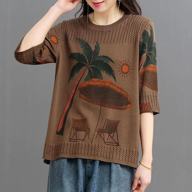 Cotton Sweater Women Plus Size Autumn Loose Round Neck Retro Printing Sweater Comfortable and Versatile Elastic Knit Sweater