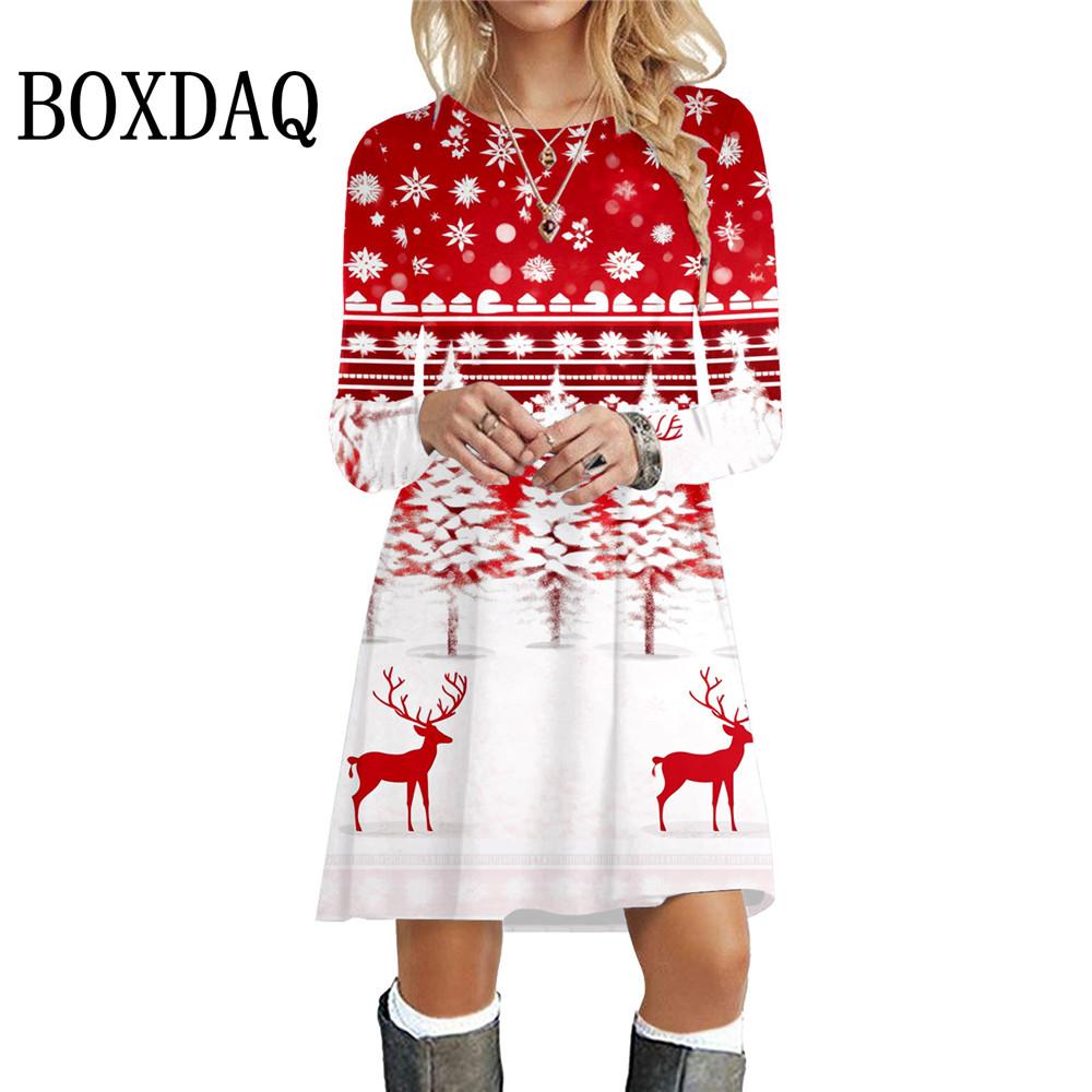 Christmas Elk Party Dresses For Winter Long Sleeve A-Line Dress For Women Casual Christmas Tree Snowflake Print Mini Dress