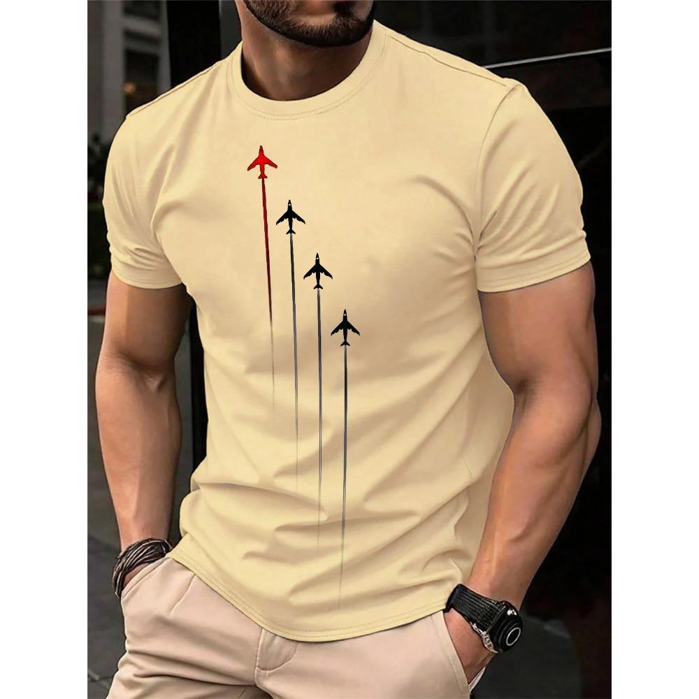 Summer Men's Geometric Airplane Print Fashionable Casual Loose Sports Round Neck Short Sleeved T-shirt Top