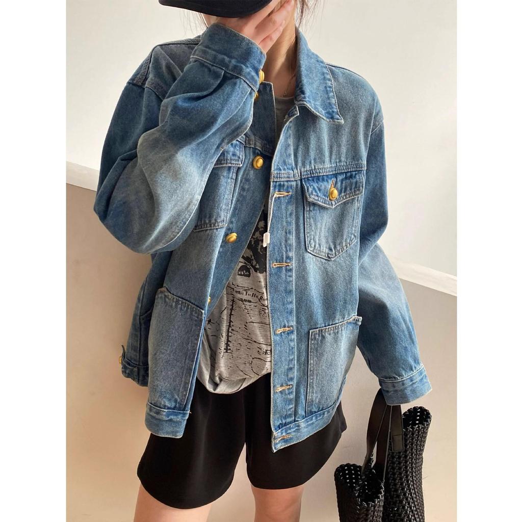 Hong Kong-Style Retro Heavy-Duty Washed Denim Jacket for Women - 2025 Spring/Autumn Collection, Loose Fit & Trendy
