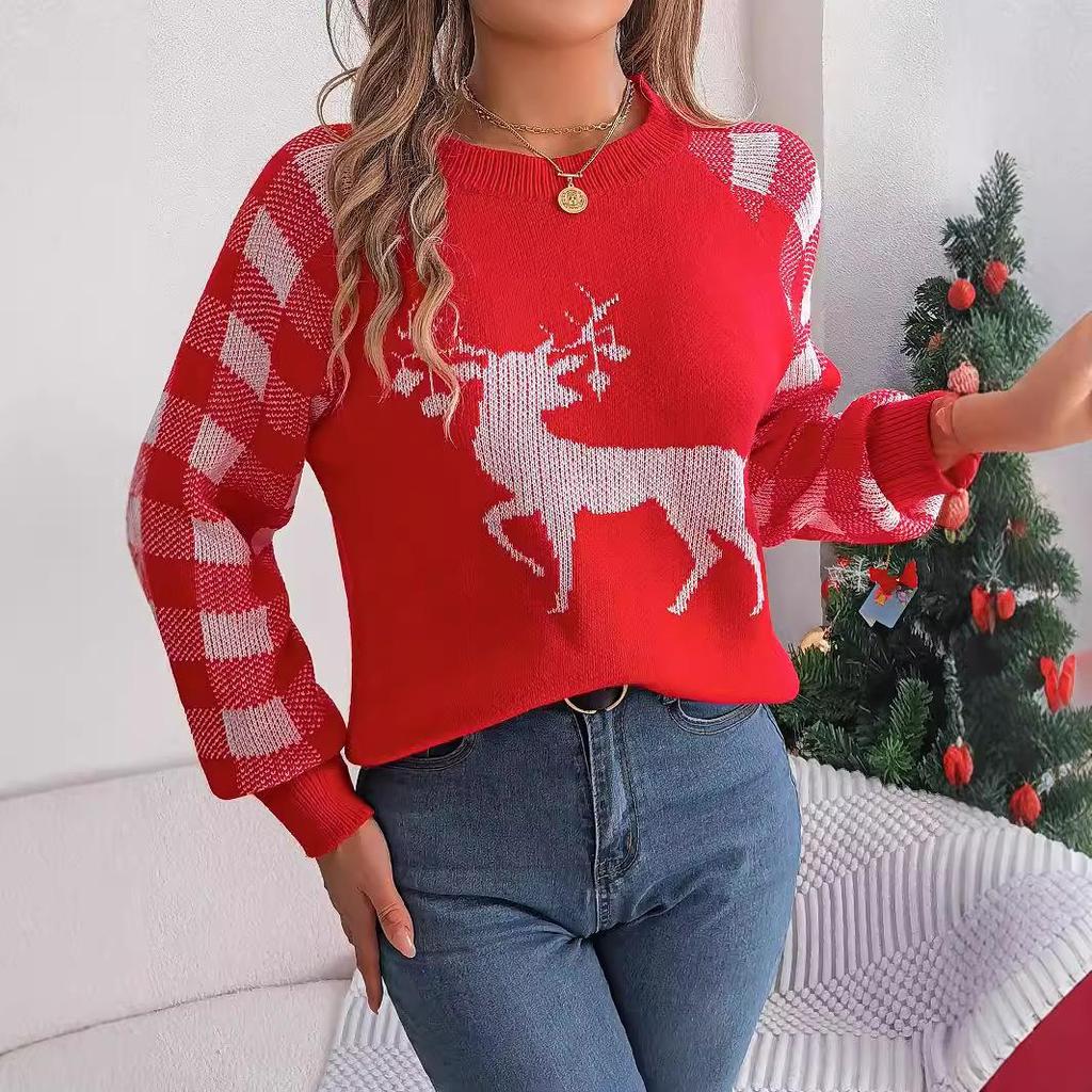 Podzim Zima Vintage Volný Dlouhý rukáv Top Potisk Cardigan Pletené zboží Vánoční svetr s výstřihem