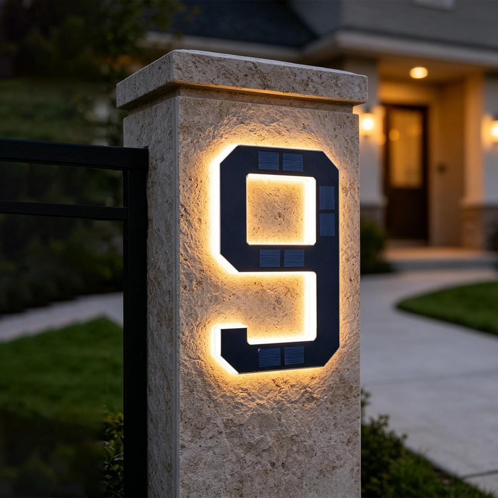 LED Solar House Number Light, IP44 Waterproof Outdoor Glowing Address Signs, Illuminated Address Plaque for Home Hotel Office