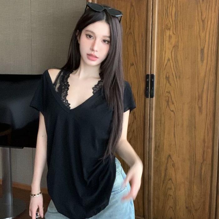Summer Lace Inner Sweet and Spicy Gentle Wind Solid Color Vest Dark V-neck Off-the-shoulder Loose Short-sleeved T-shirt Top Women Ins
