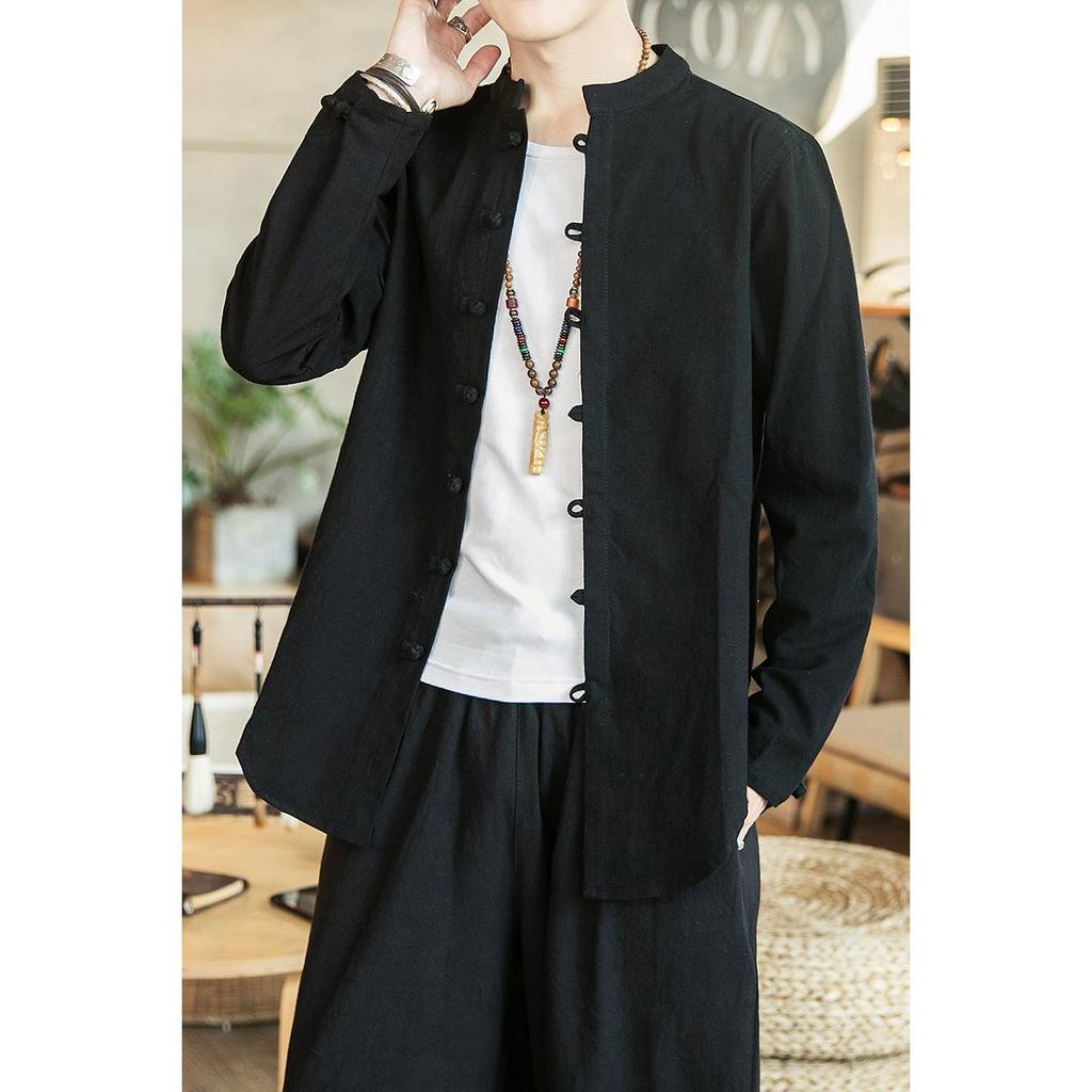 Men’s Chinese Style Long-Sleeve Linen Tang Suit Shirt and Jacket