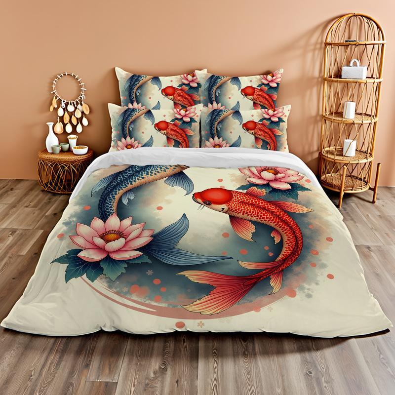 3D Digital Printing Bedding Two Or Three-Piece Set Koi Rich Flower Polyester Quilt Cover