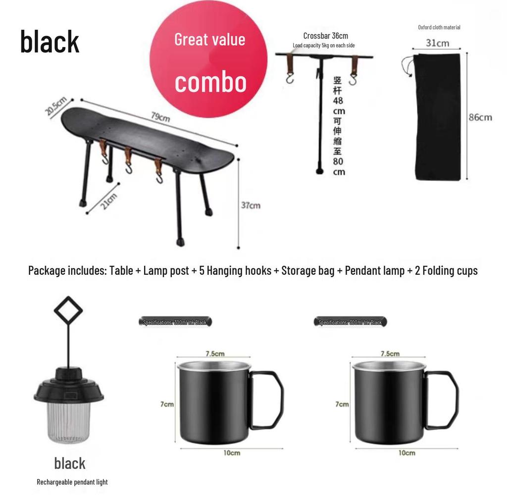 Skateboard-Style Portable Solid Wood Folding Table for Camping and Outdoor Use