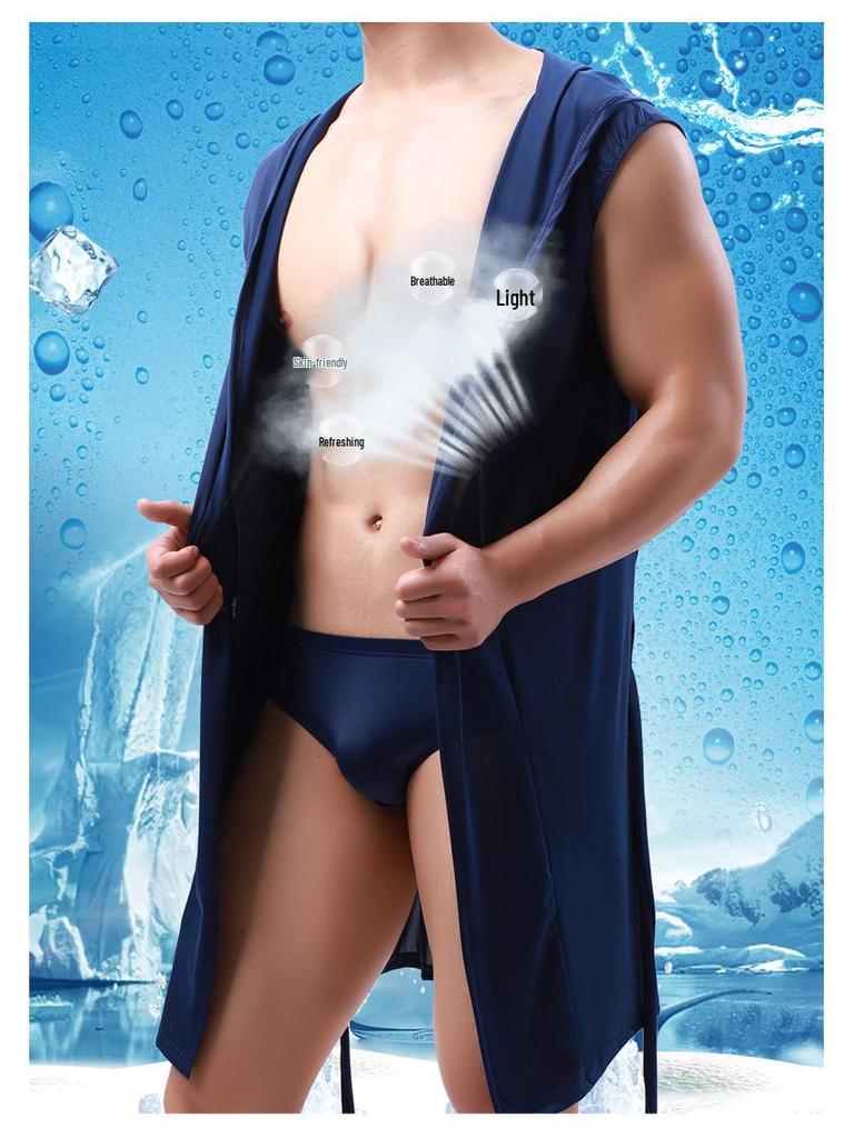 Men's Hooded Sleeveless Thin Silk Bathrobe, European Style, Six Colors Available, Does Not Include Underwear
