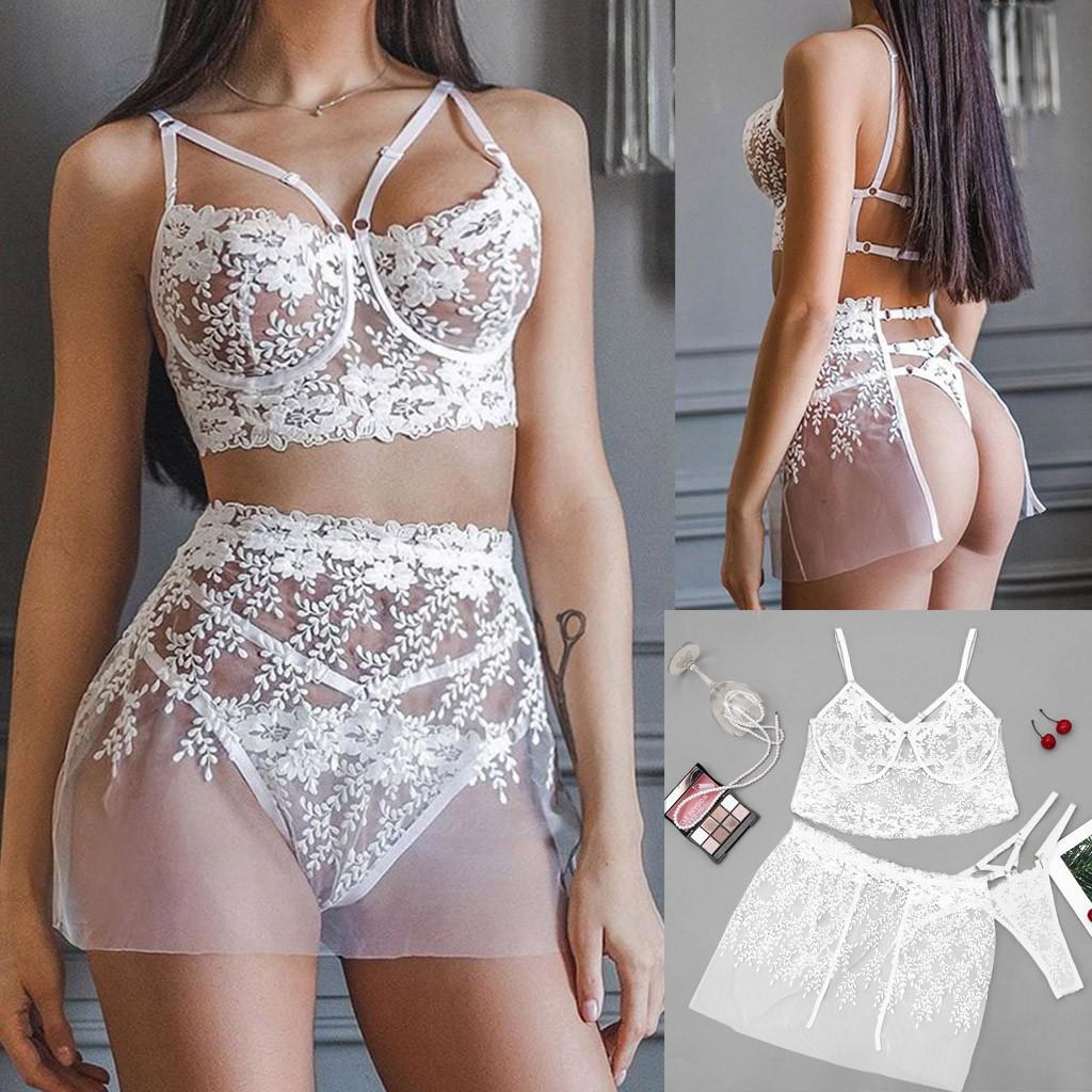 

3PC Сексуальные женщины Вышивка Кружева Под проволокой Бюстгальтер + мини-юбка с стрингами Нижнее белье