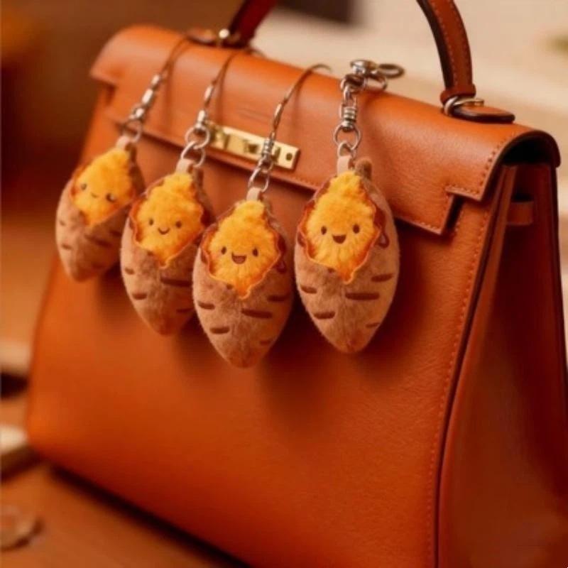 Funny Roasted Sweet Potato Plush Keychain Mini Simulated Food Stuffed Charm for School Bag Classmate Gift