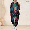 Women Plus Size Colorful Printed V Neck Long Sleeve Nurse Scrub Set With Pockets Top And Long Pants