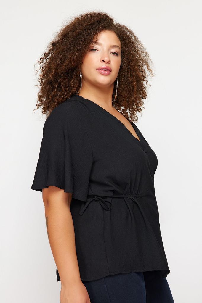 Women's Fashion Red Woven V-Neck Tie Blouse