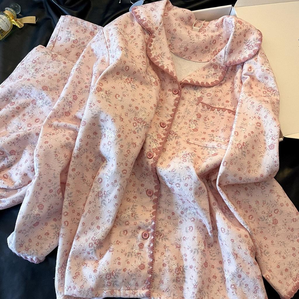 Französische florale kleine duftende Windmädchen Pyjama Frühling und Herbst Kragenrand Langarm Hose Set Studenten Loungewear