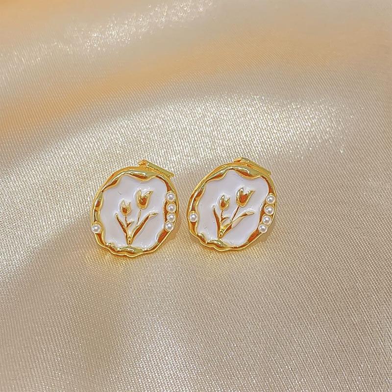 Retro Geometry Golden Color Frame Tulip Stud Earrings for Women Trendy Black Enamel Oil Flowers Earrings Fashion Jewelry Gift