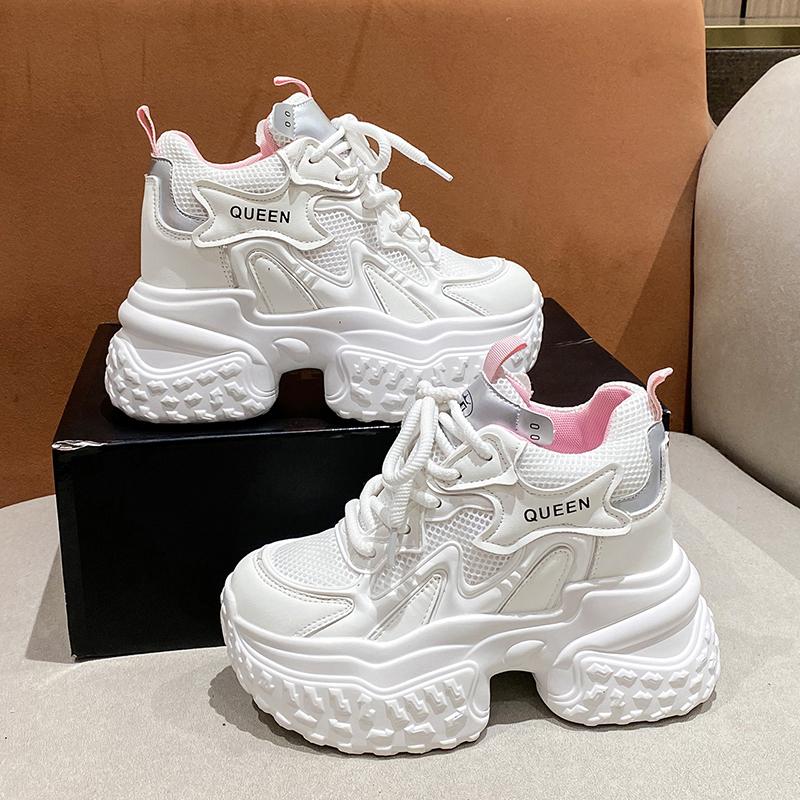 Fashion Spring Autumn Women Bling Chunky Sneakers Breathable Mesh Casual Shoes 10CM Wedge Heels Platform Shoes Fem Sports Dad Smehoes