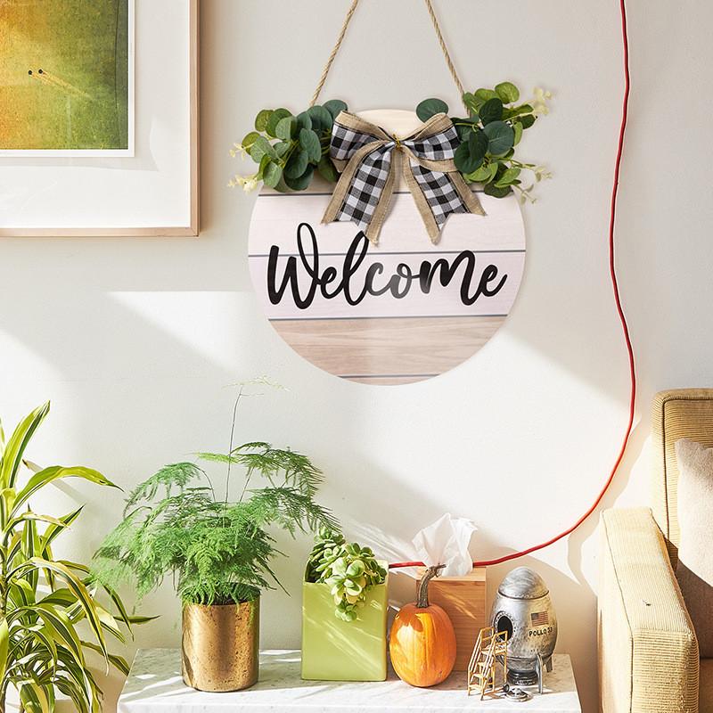 Eucalyptus Welcome Graceful Sign With Chic Black And White Plaid Bow For Decor Seasonal