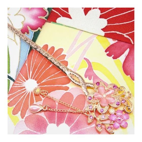 Miaomyao Hair Stick Kanzashi for Kimono and Yukata, Metal Cherry Blossom Flower with Pink Crystal, Rose Gold Hair Accessory, Transparent Design,
