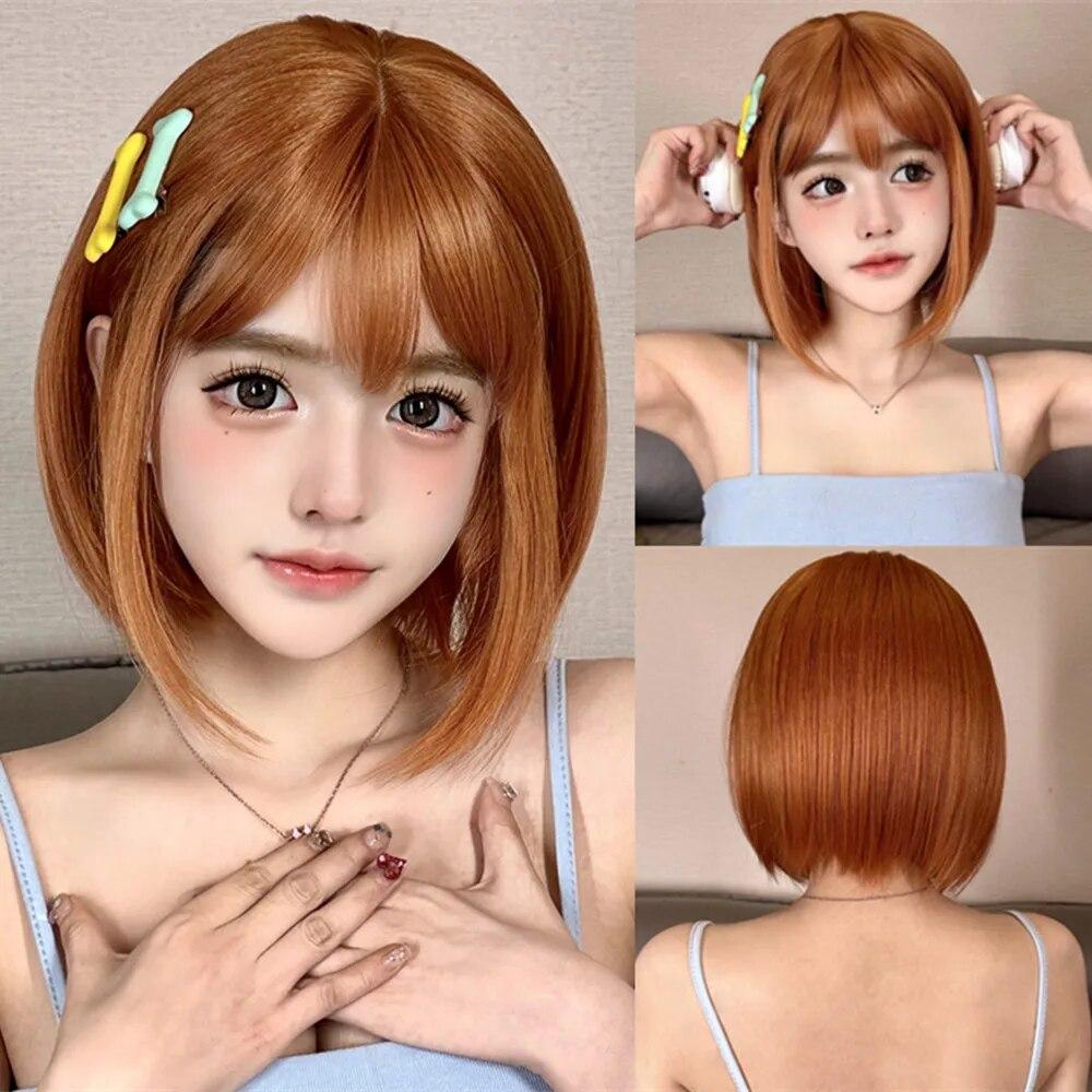 Short Orange Straight Bob Hair Synthetic Wigs with Bangs Orange Colorful Cosplay Party Wig for Women Heat Resistant Fiber Daily