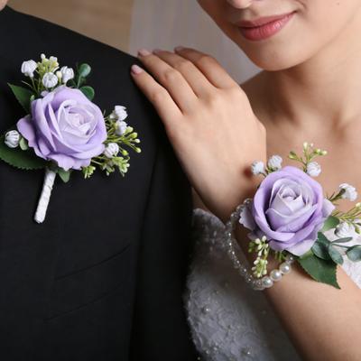 Anzug Corsage Hochzeits Handgelenkband mit Kunstperlen Verzierten Simulierten Rosen Braut Bräutigam Romantische Blumige Accessoires Abschlussball Dekoration