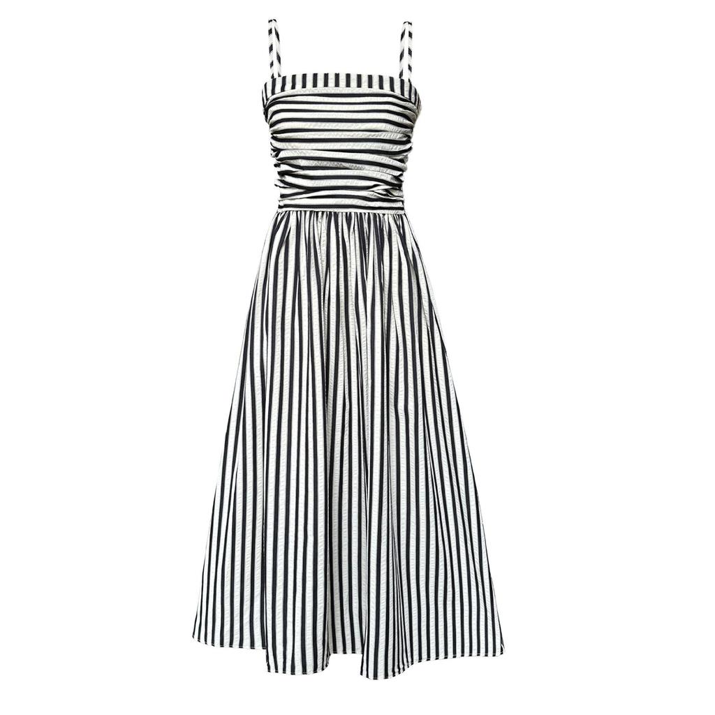 Luxi Off-Shoulder Striped A-Line Pleated Dress