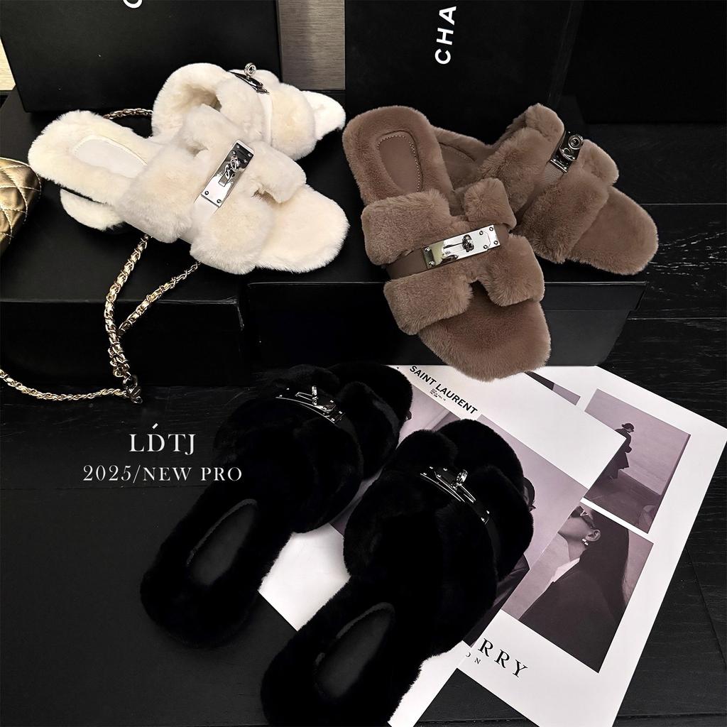 Suding Home "Mao Mao Tuo" Summer Gentle Fashion Versatile Premium Sense Flat Bottom One Word Plush Cotton Slippers Women's New